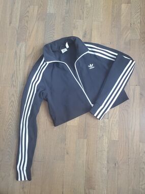 LIKE NEW Adidas Black Cropped Track Jacket with White Stripes